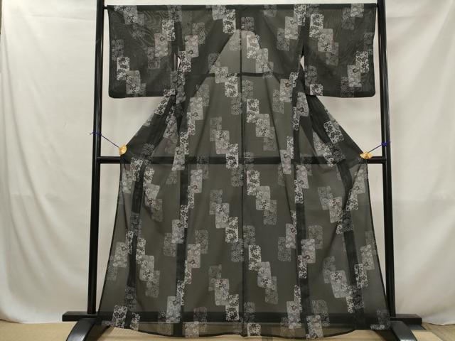 平和屋着物*夏物 小紋 絽 色紙重ね花文 黒地 洗える着物 AABJ8885st