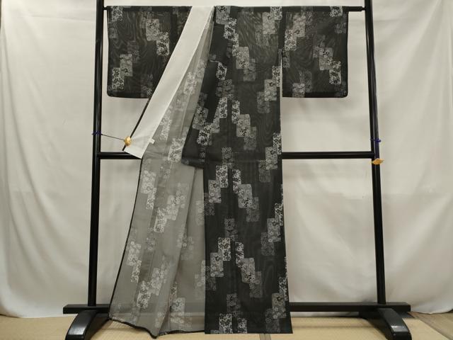平和屋着物*夏物 小紋 絽 色紙重ね花文 黒地 洗える着物 AABJ8885st