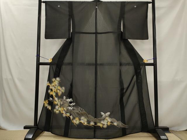 平和屋着物*夏物 黒留袖 絽 刺繍 流水枝松文 金銀糸 洗える着物 AABJ8896st