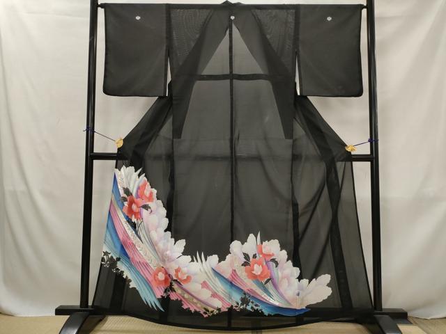 平和屋着物*夏物 黒留袖 絽 草花文 銀彩 洗える着物 AABJ8898st