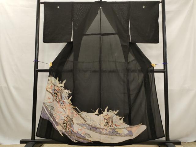 平和屋着物*夏物 黒留袖 絽 御所車飛鶴花文 金彩 洗える着物 AABJ8899st