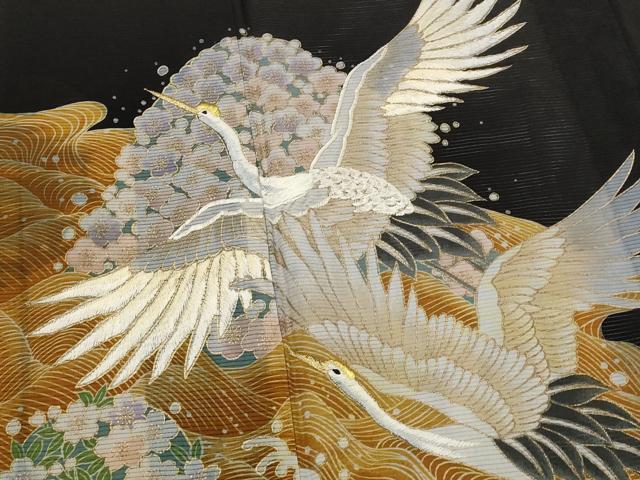 平和屋着物*夏物 黒留袖 絽 刺繍 流水飛鶴花文 金糸 金彩 洗える着物 AABJ8901st