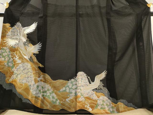 平和屋着物*夏物 黒留袖 絽 刺繍 流水飛鶴花文 金糸 金彩 洗える着物 AABJ8901st