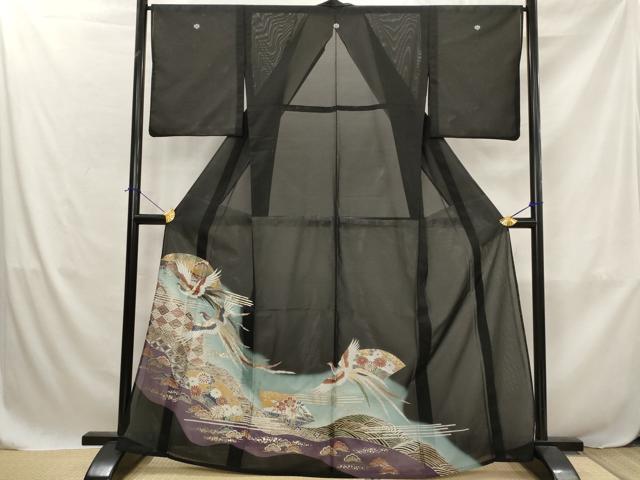 平和屋着物*夏物 黒留袖 絽 鳳凰花松文 暈し染め 金彩 洗える着物 AABJ8902st