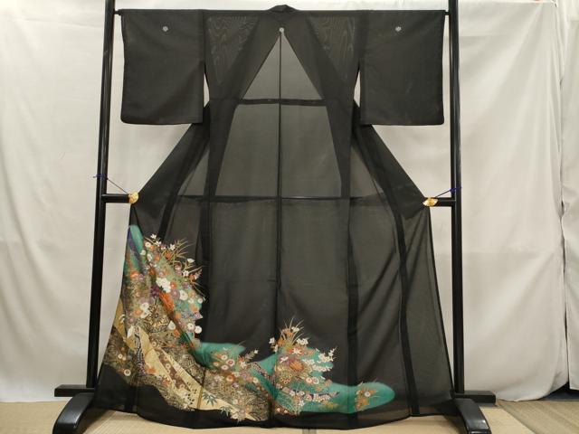 平和屋着物*夏物 黒留袖 絽 花車文 暈し染め 金彩 洗える着物 AABJ8904st