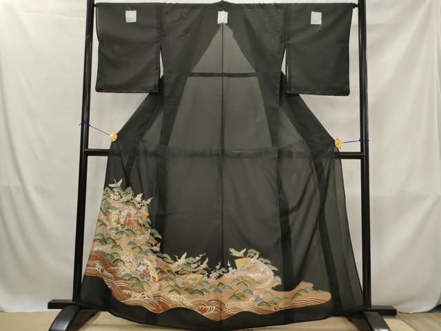 平和屋着物*夏物 黒留袖 絽 地紙飛鶴花松文 金彩 洗える着物 未使用 AABJ8907st
