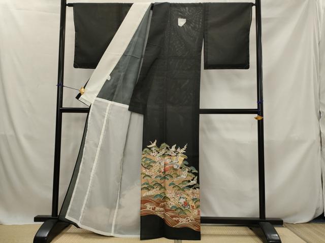 平和屋着物*夏物 黒留袖 絽 地紙飛鶴花松文 金彩 洗える着物 未使用 AABJ8907st