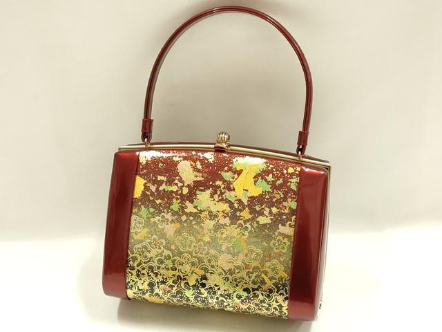 平和屋着物▼和装小物 和装バッグ 振袖用 ハンドバッグ エナメル 舞花文 金銀彩 逸品 AABJ8942ay