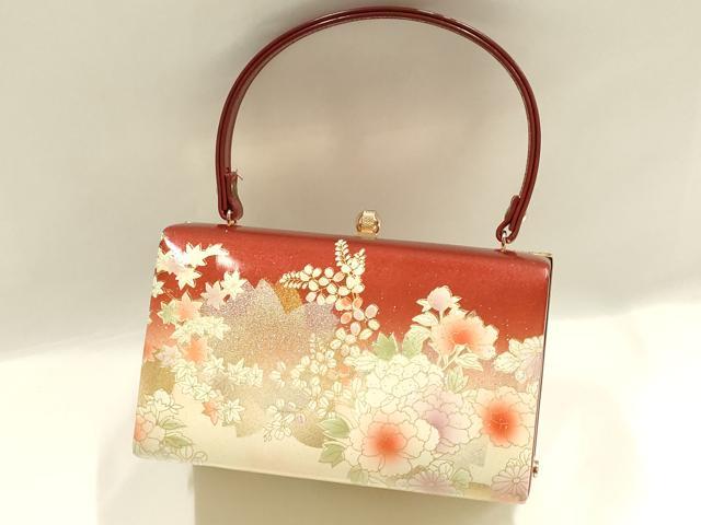 平和屋着物▼和装小物 和装バッグ 振袖用 ハンドバッグ エナメル 草花文 金彩 暈し 逸品 AABJ8948ay
