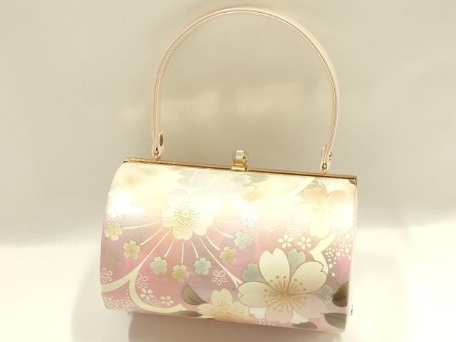 平和屋着物▼和装小物 和装バッグ 振袖用 ハンドバッグ エナメル 舞花文 桜 金彩 暈し 逸品 AABJ8959ay