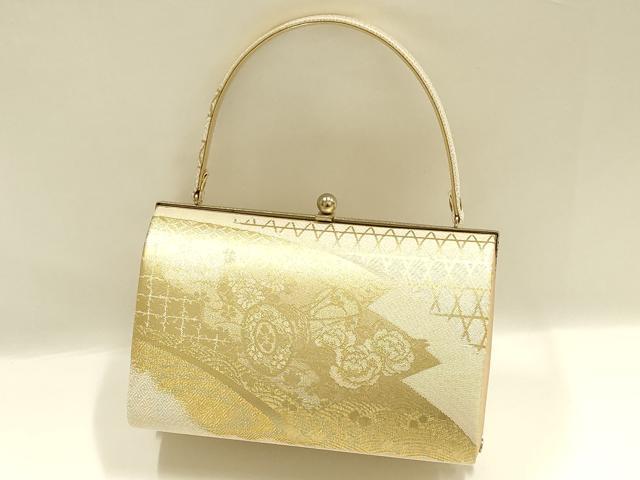 平和屋着物▼和装小物 和装バッグ 佐賀錦 ハンドバッグ 地紙 花鼓 金糸 帯地使用 逸品 AABJ8966ay
