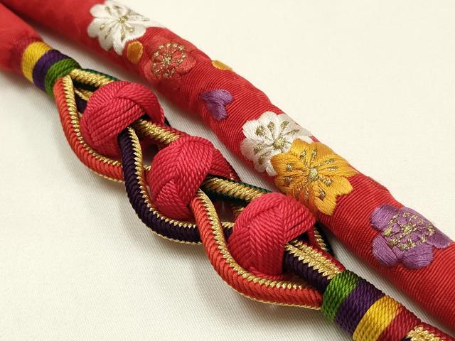 平和屋本店●和装小物 振袖用帯締め・帯揚げセット 丸ぐけ 刺繍 装飾 小田巻 総絞り 枝垂れ花文 金糸 撚り房 逸品 AABJ8983ay