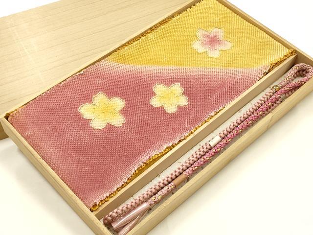 平和屋本店●和装小物 振袖用帯締め・帯揚げセット 装飾 ラインストーン 総絞り 舞花文 金糸 金彩 逸品 未使用 AABJ8991ay