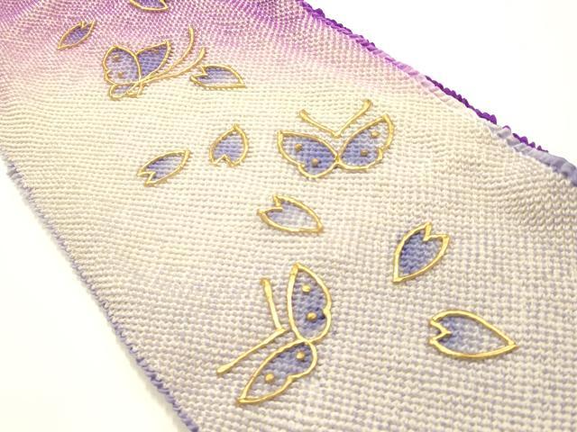 平和屋本店●和装小物 振袖用帯締め・帯揚げセット 装飾 舞蝶花文 金糸 金彩 暈し染め 撚り房 逸品 未使用 AABJ8995ay