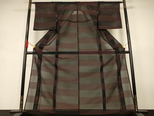 平和屋着物*夏物 小紋 紗 市松横段文 正絹 逸品 AABJ9066jd
