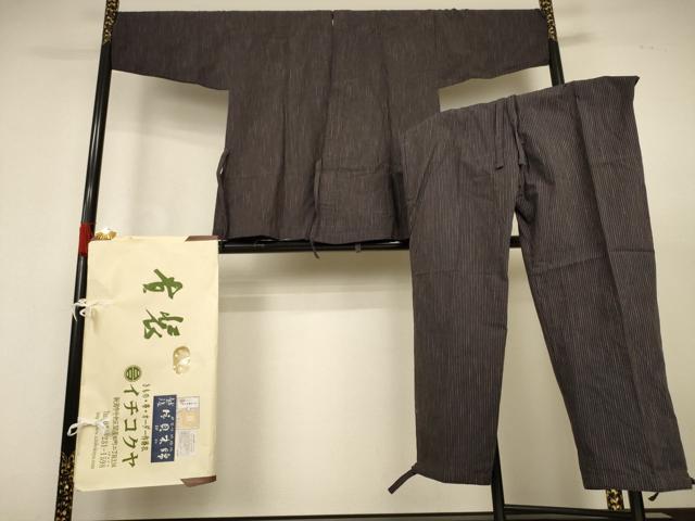 平和屋着物*夏物 小千谷 紺仁 越後片貝木綿 作務衣 縞 証紙・たとう紙付き 木綿 逸品 AABJ9091jd