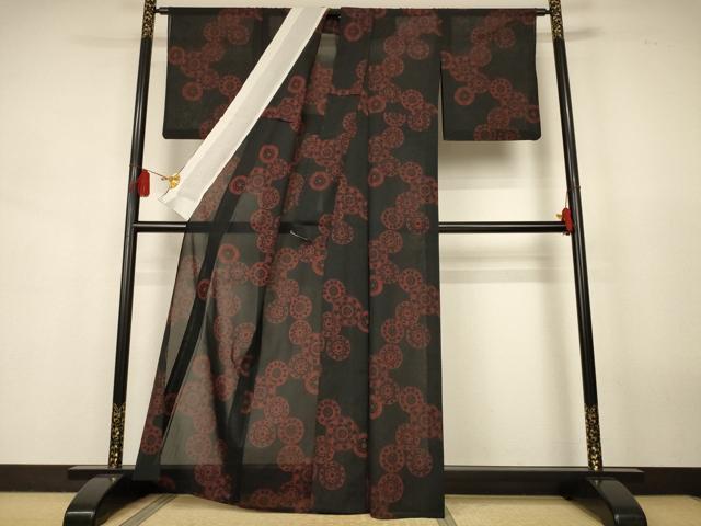 平和屋着物*夏物 小紋 紗 花丸文 黒地 洗える着物 AABJ9125jd