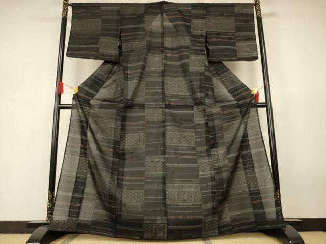 平和屋着物*夏物 小紋 紗 横段文 黒地 洗える着物 AABJ9136jd