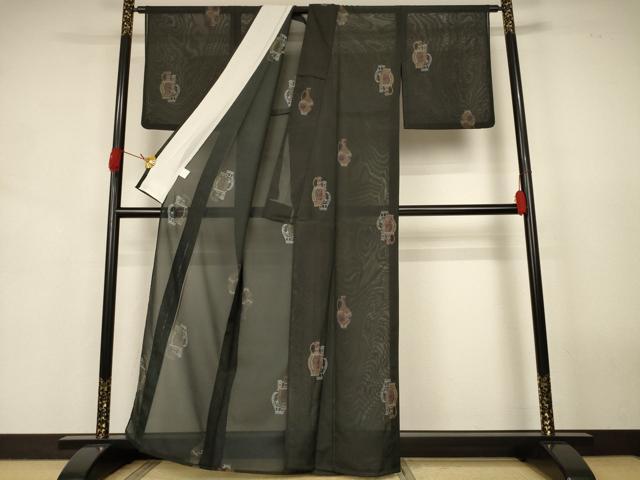 平和屋着物*夏物 小紋 紗 壺 黒地 洗える着物 AABJ9143jd