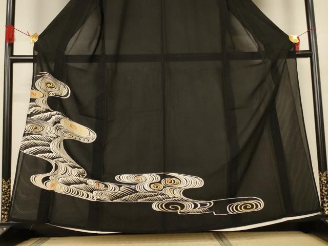 平和屋着物*夏物 黒留袖 絽 刺繍 流水文 洗える着物 AABJ9162jd