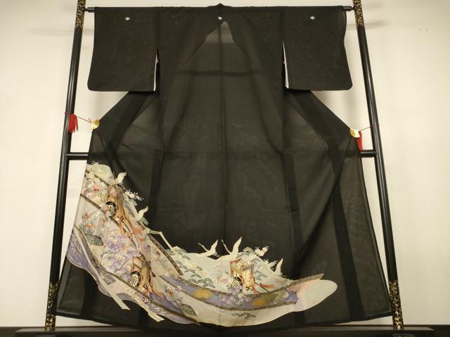 平和屋着物*夏物 黒留袖 絽 御所車花鳥文 金彩 洗える着物 AABJ9164jd