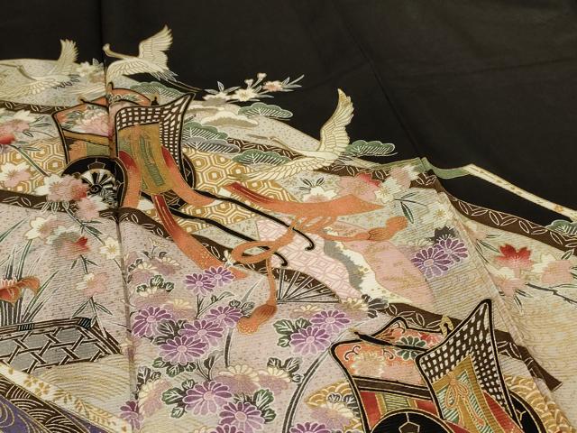 平和屋着物*夏物 黒留袖 絽 御所車花鳥文 金彩 洗える着物 AABJ9164jd