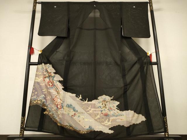 平和屋着物*夏物 黒留袖 絽 御所車花鳥文 金彩 洗える着物 AABJ9166jd