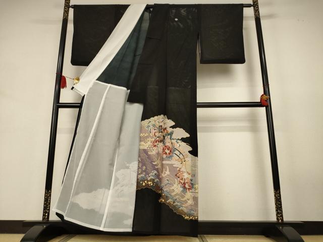 平和屋着物*夏物 黒留袖 絽 御所車花鳥文 金彩 洗える着物 AABJ9166jd