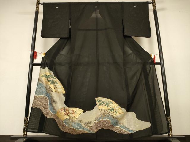 平和屋着物*夏物 黒留袖 絽 流水扇面花鳥文 金彩 洗える着物 AABJ9169jd