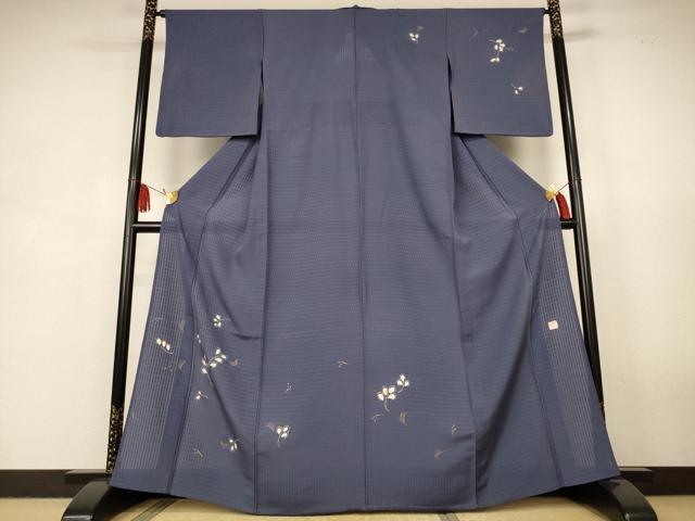 平和屋着物*夏物 手描友禅作家 中村穂湖 訪問着 縞紋絽 舞葉文 金彩 正絹 逸品 AABJ9174jd