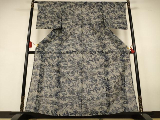 平和屋着物*夏物 小紋 浴衣兼用 綿絹紅梅 本藍 風景文 絹綿 逸品 AABJ9179jd