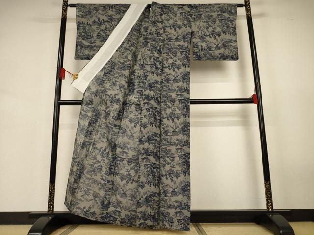 平和屋着物*夏物 小紋 浴衣兼用 綿絹紅梅 本藍 風景文 絹綿 逸品 AABJ9179jd