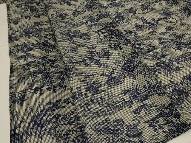 平和屋着物*夏物 小紋 浴衣兼用 綿絹紅梅 本藍 風景文 絹綿 逸品 AABJ9179jd