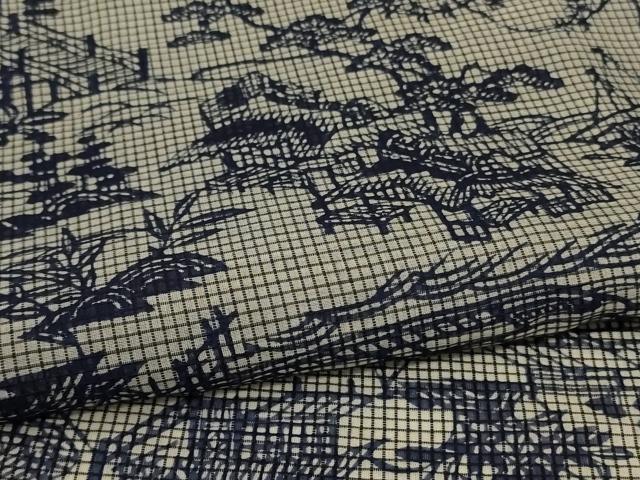 平和屋着物*夏物 小紋 浴衣兼用 綿絹紅梅 本藍 風景文 絹綿 逸品 AABJ9179jd
