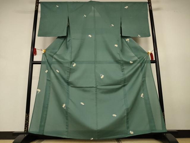 平和屋着物*夏物 小紋 絽縮緬 友禅 舞花文 老竹色 高島屋扱い 正絹 逸品 AABJ9184jd