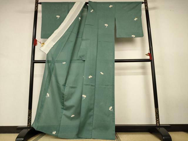 平和屋着物*夏物 小紋 絽縮緬 友禅 舞花文 老竹色 高島屋扱い 正絹 逸品 AABJ9184jd