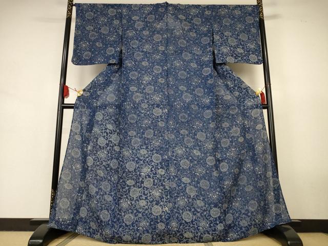 平和屋着物*夏物 小紋 絽 藍 型染め 花唐草文 正絹 逸品 未使用 AABJ9185jd