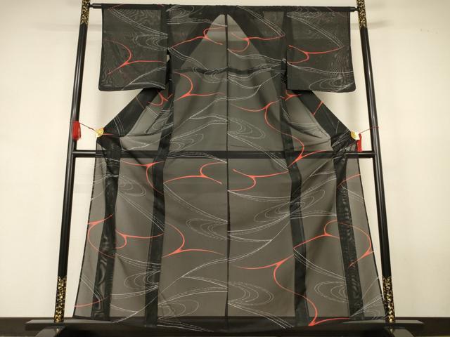 平和屋着物*夏物 小紋 絽 流水文 黒地 洗える着物 未使用 AABJ9193jd