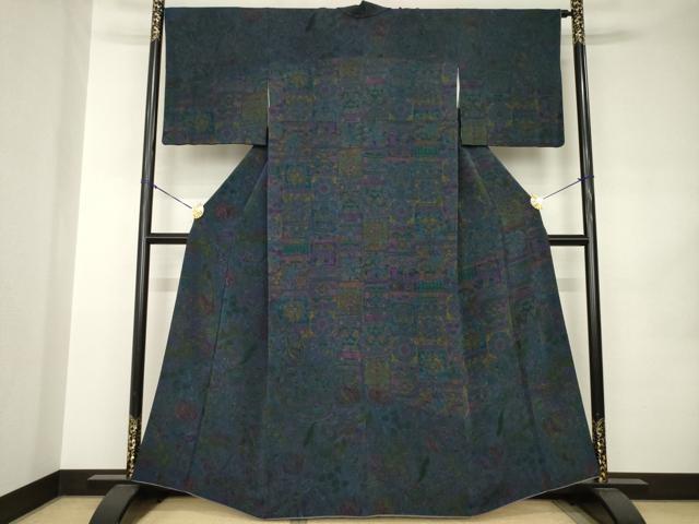 平和屋着物●前田仁仙 仁仙更紗 訪問着 更紗花文 鬼しぼ縮緬 正絹 逸品 AABJ9216ck