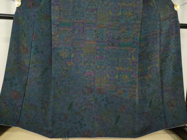 平和屋着物●前田仁仙 仁仙更紗 訪問着 更紗花文 鬼しぼ縮緬 正絹 逸品 AABJ9216ck