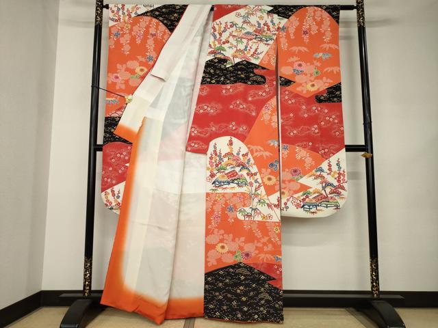 平和屋着物●和染紅型 栗山紅型 栗山吉三郎 振袖 風景文 小田急百貨店扱い 正絹 逸品 AABJ9223ck