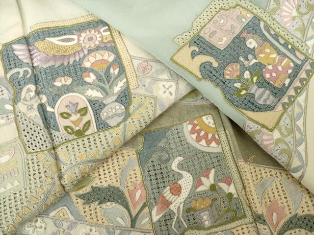 平和屋着物●訪問着 中国三大刺繍 スワトウ刺繍 汕頭刺繍 人物更紗花文 正絹 逸品 AABJ9258ck