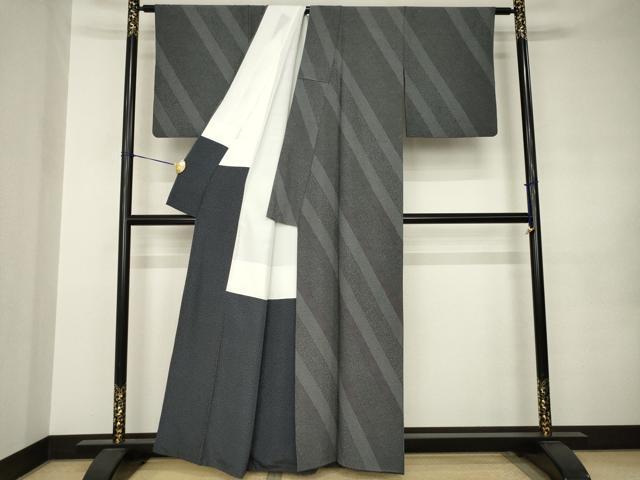 平和屋着物●江戸小紋 斜縞花文 黒地 正絹 逸品 AABJ9270ck