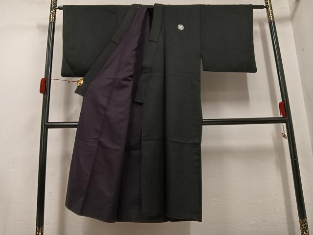 平和屋着物●男性 黒紋付 菱地紋 洗える着物 AABJ9295ph