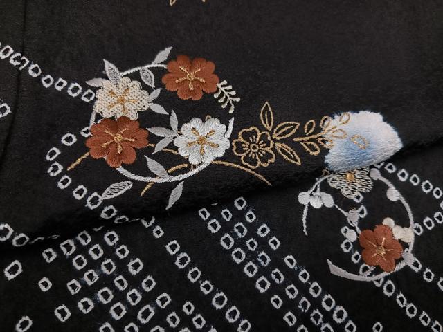 平和屋着物●訪問着 絞り 刺繍 舞花文 黒地 金彩 正絹 逸品 AABJ9316ph