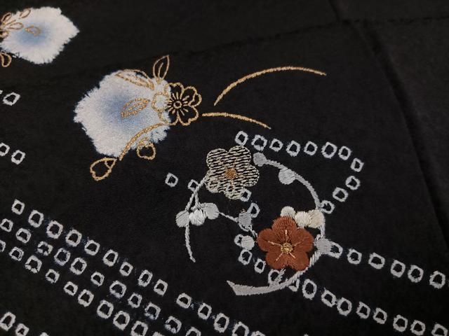 平和屋着物●訪問着 絞り 刺繍 舞花文 黒地 金彩 正絹 逸品 AABJ9316ph