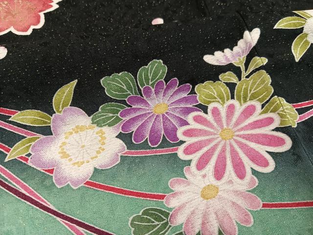 平和屋着物●豪華振袖 花毬文 黒地 金彩 金通し地 正絹 逸品 AABJ9318ph