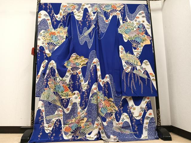 平和屋着物●豪華振袖 型染め 扇面草花文 丹後ちりめん 仮絵羽 逸品 未使用 AABJ9322ph