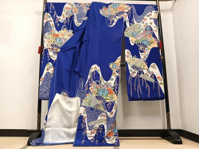 平和屋着物●豪華振袖 型染め 扇面草花文 丹後ちりめん 仮絵羽 逸品 未使用 AABJ9322ph