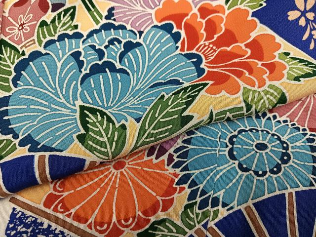平和屋着物●豪華振袖 型染め 扇面草花文 丹後ちりめん 仮絵羽 逸品 未使用 AABJ9322ph